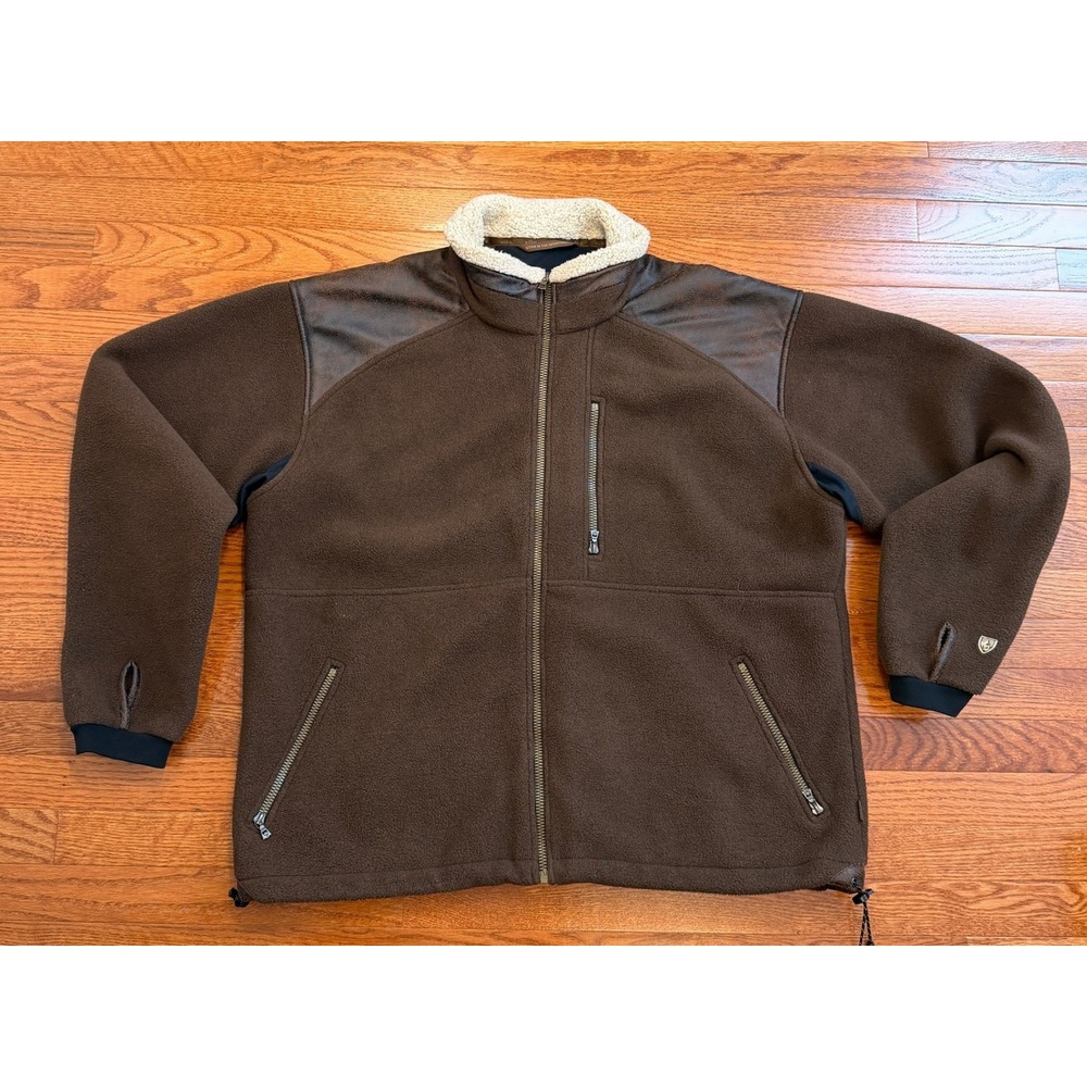 KUHL Alpenwurxs Jacket Mens 2XL Brown Fleece Full Zip Faux Leather Patches Warm